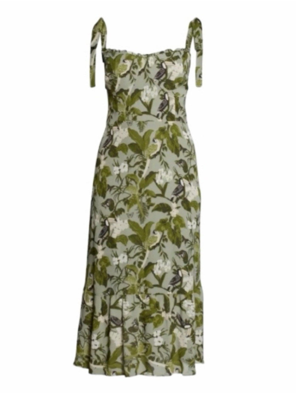 Tie Shoulder | Olive Green Floral Midi Dress with birds 🐦 Ruffle Hem